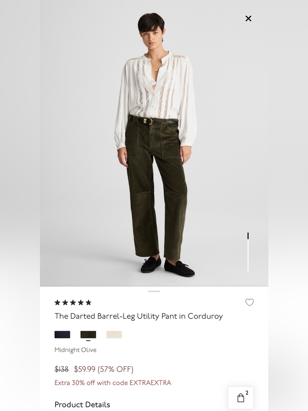 Madewell Midnight Olive Corduroy Barrel-Leg Utility Pants